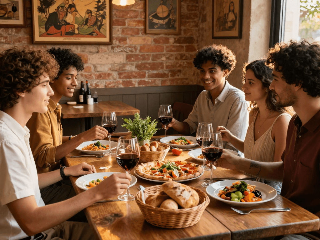 Diverse friends enjoying a meal at an Italian restaurant, featuring lavowin-inspired dishes and warm golden light.