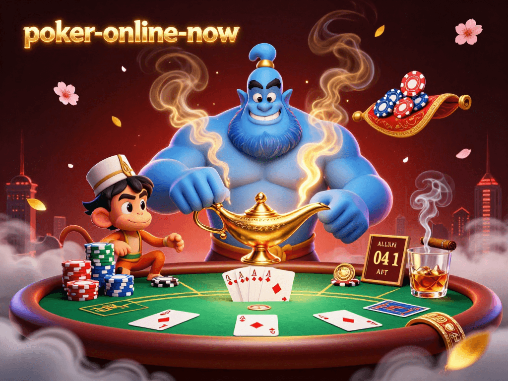 Win big with poker-online-now in a vibrant 3D illustration featuring exciting casino elements.