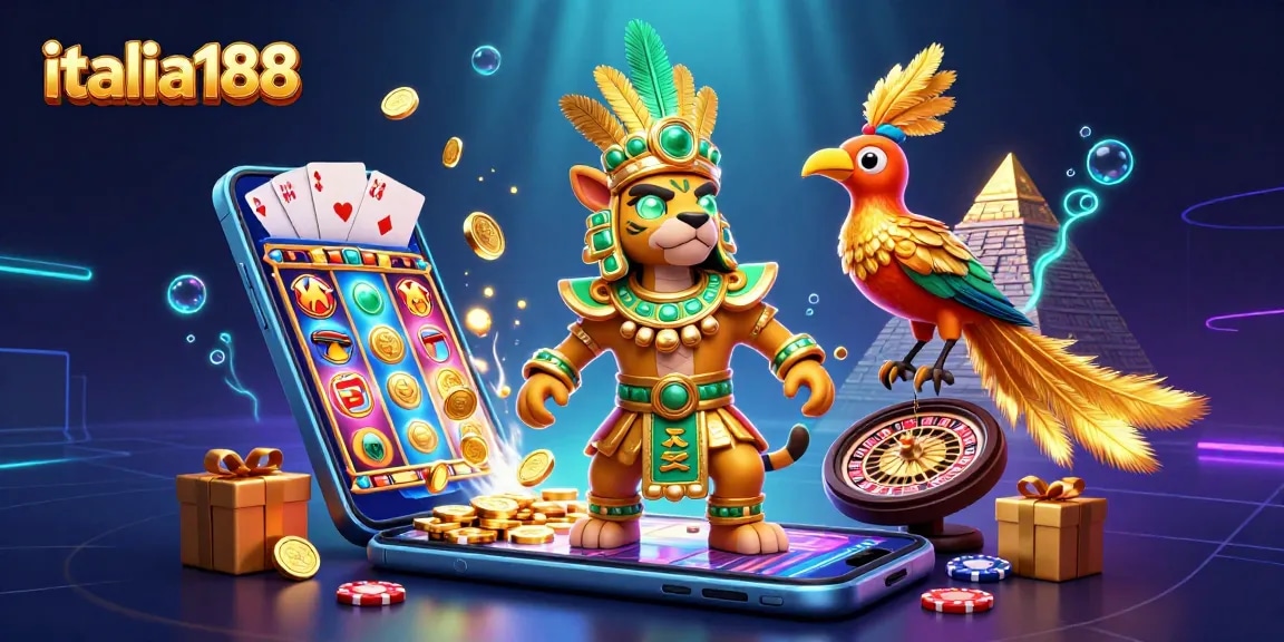 italia188 menampilkan 3D jaguar Maya dan burung quetzal meriah dengan elemen permainan slot dan koin emas yang memancar.