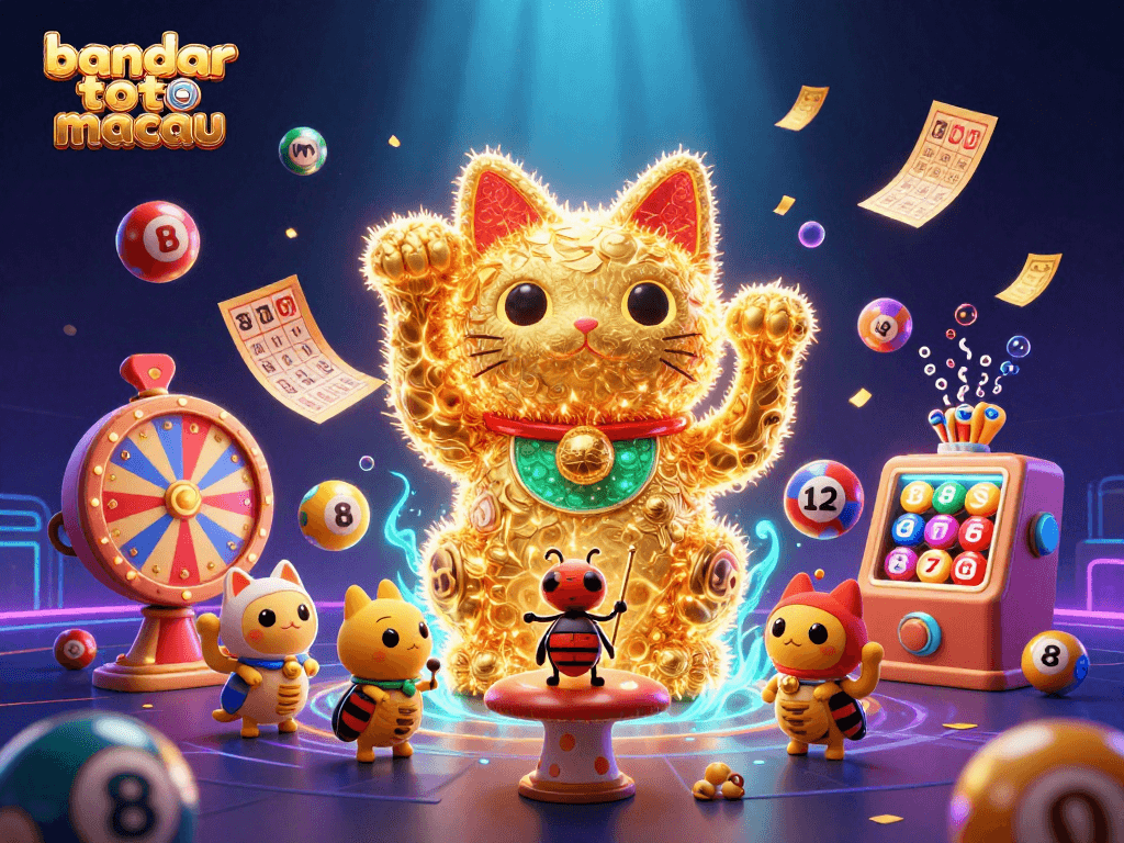 Experience the excitement of bandar toto macau with vibrant visuals of a lucky cat and colorful lottery elements.