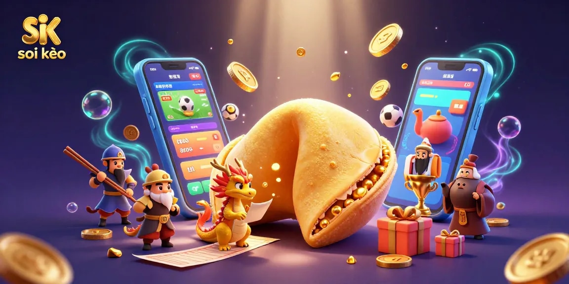 Soi kèo sports betting scene showcasing a golden fortune cookie, wise dragon, and action-packed game elements