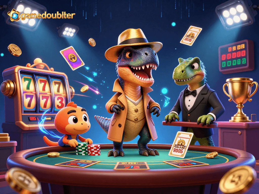 Experience thrilling gameplay with gamedoubler at a vibrant blackjack table featuring unique dinosaur characters.