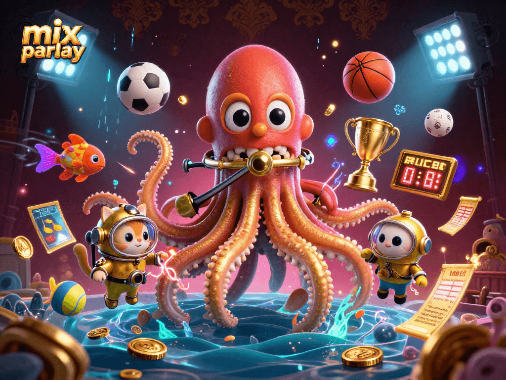 Experience the thrill of mix parlay betting with dynamic sports elements and vibrant 3D characters.