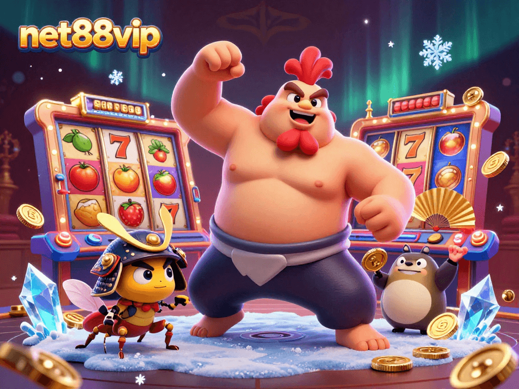 Join the excitement of net88vip with a dynamic casino scene featuring iconic characters and slot reels.
