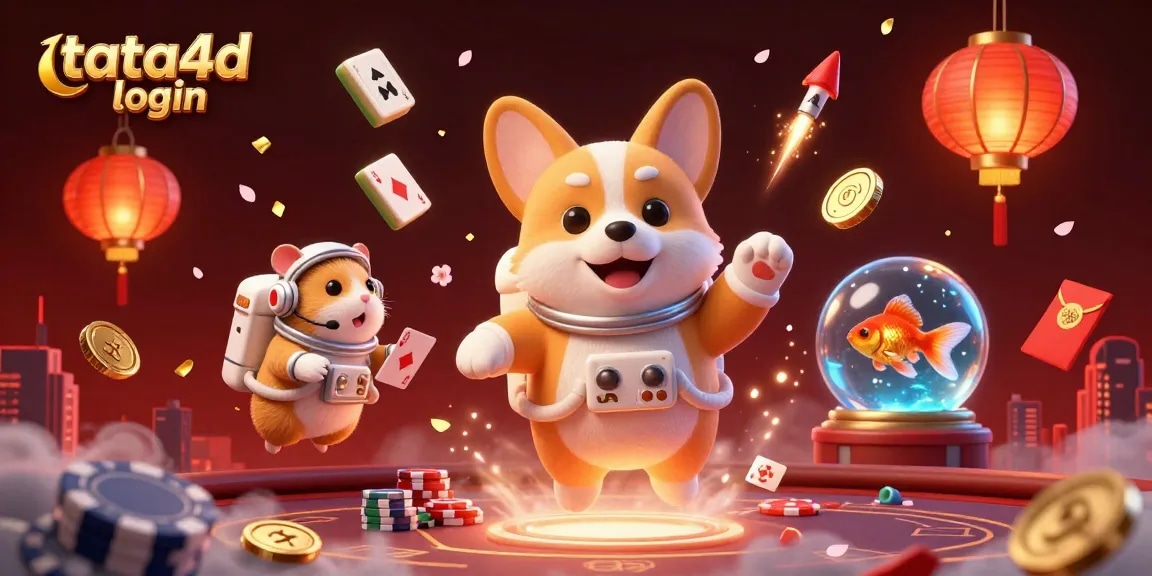 Engage with the tata4d login scene featuring vibrant floating poker elements and characters in a dynamic casino atmosphere.