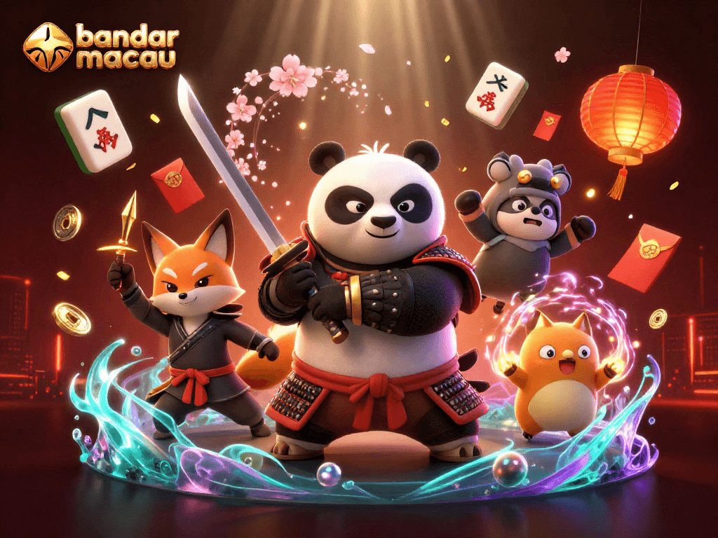 Engage in thrilling games with bandar toto macau illustrated by fierce characters and casino elements.