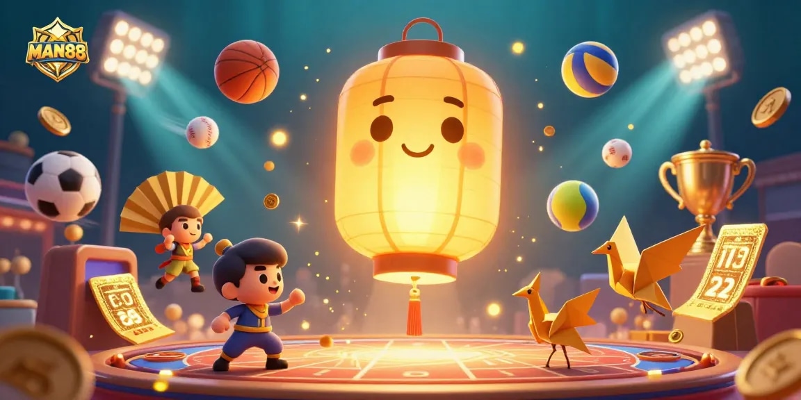 Engage in thrilling betting experiences with MAN88's vibrant casino scene featuring sports elements and lucky symbols.