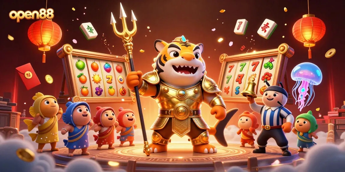 Experience the excitement of open88 with a dynamic casino scene featuring a tiger shark in gladiator armor.