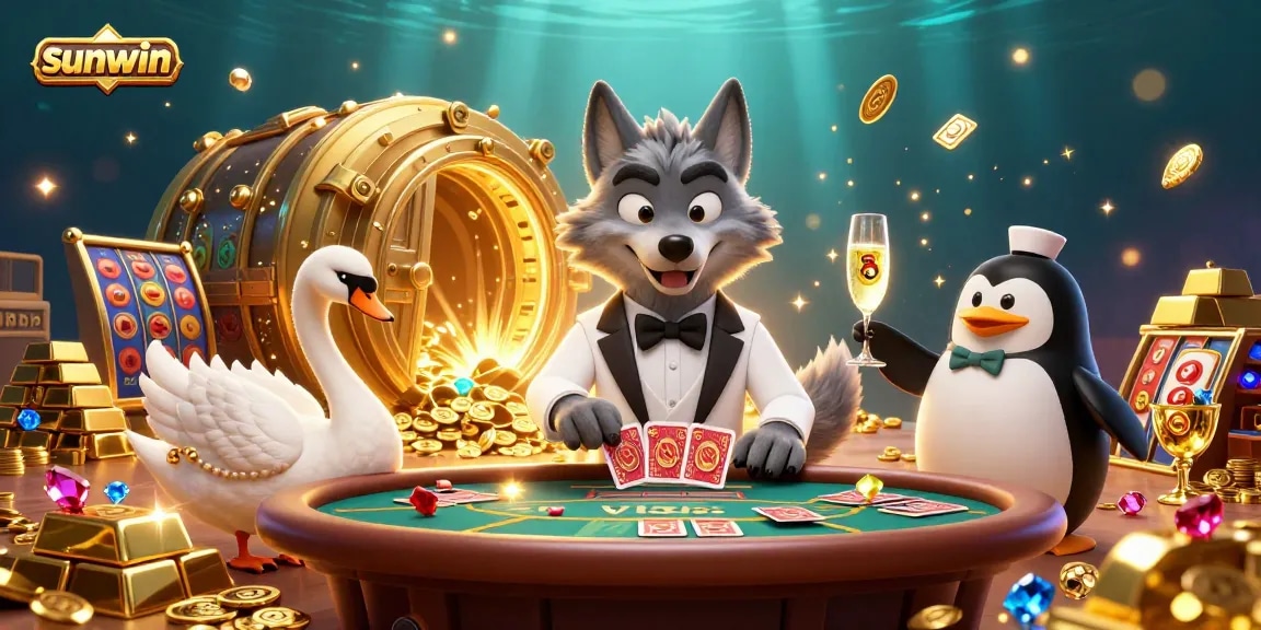 Play exciting baccarat at sunwin with a debonair wolf, swan dealer, and penguin sommelier amidst treasures.