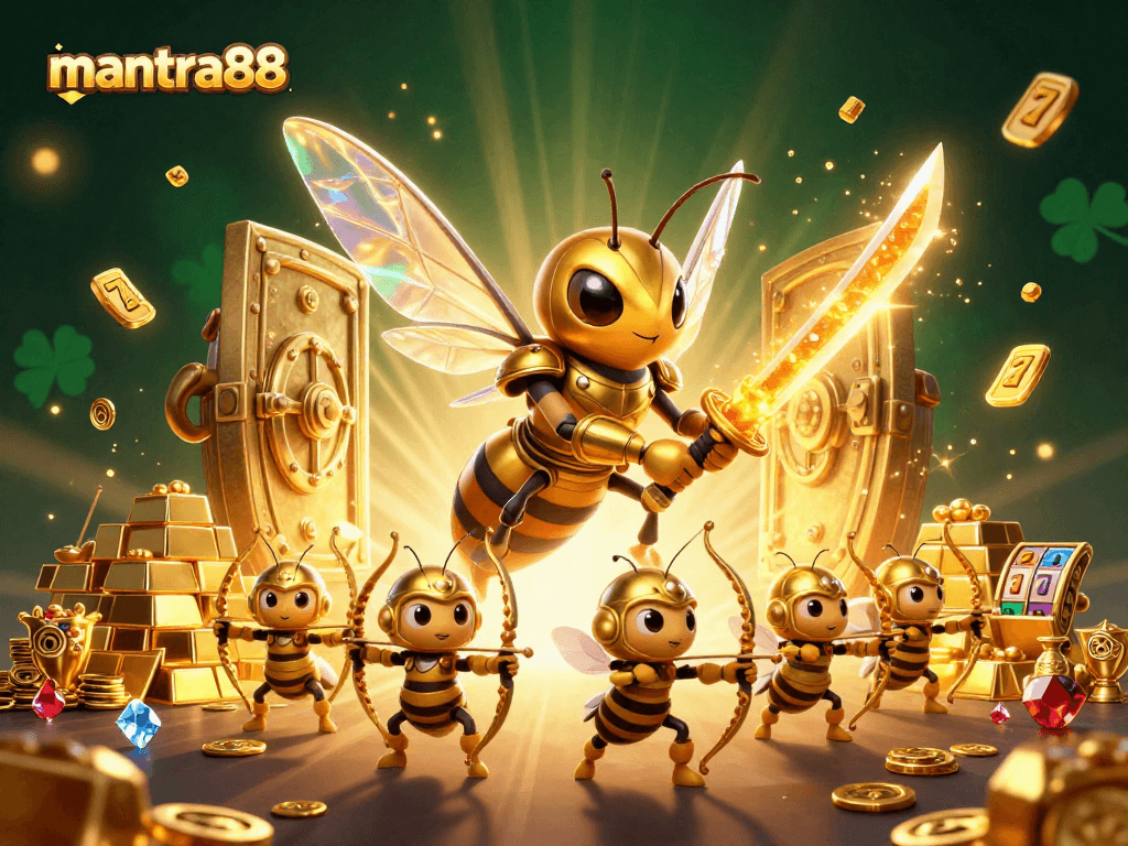 Experience mantra88's dynamic gaming scene with a golden hornet and treasure elements.