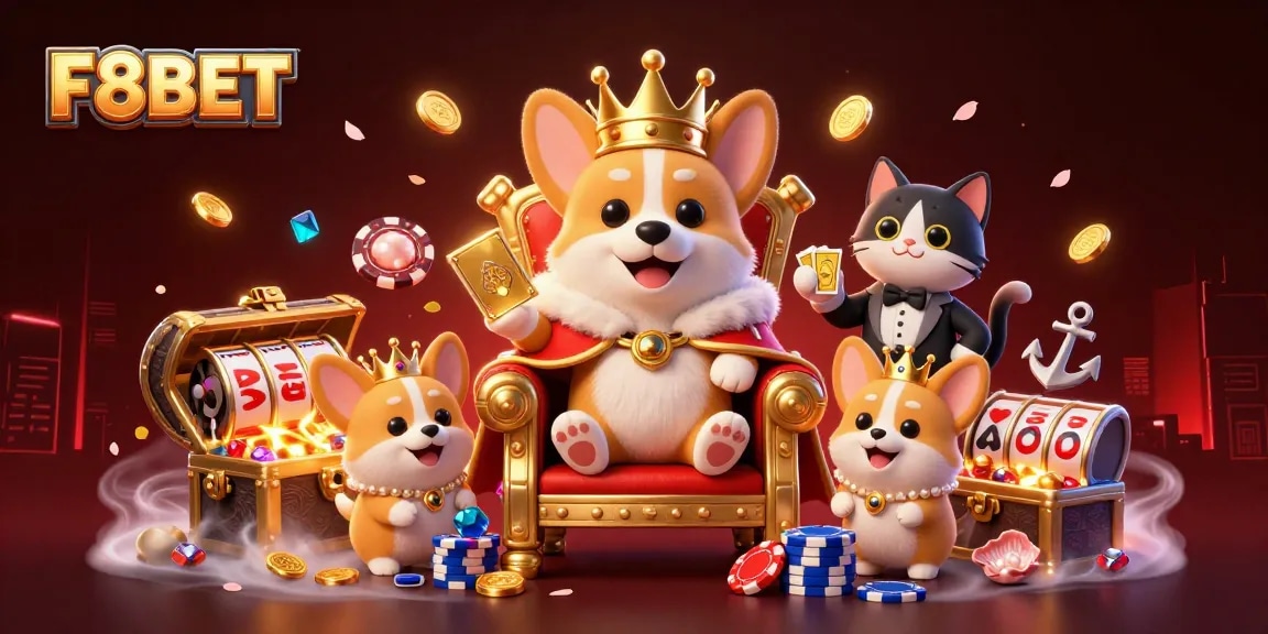 F8BET corgi king with poker throne and vibrant casino elements in a rich 3D illustration