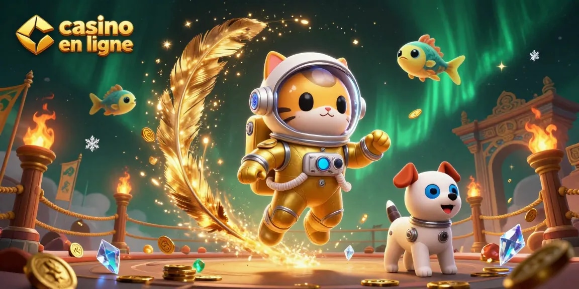 Illustration 3D de casino en ligne avec un chat astronaute et un chien robot, entourés d'effets de jeu