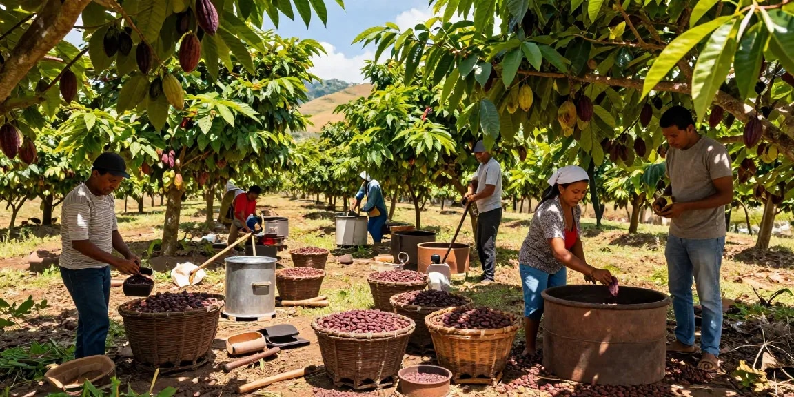 Cacao farmers harvesting ripe cacao pods on a sunny farm using traditional tools, showcasing m98 production process.