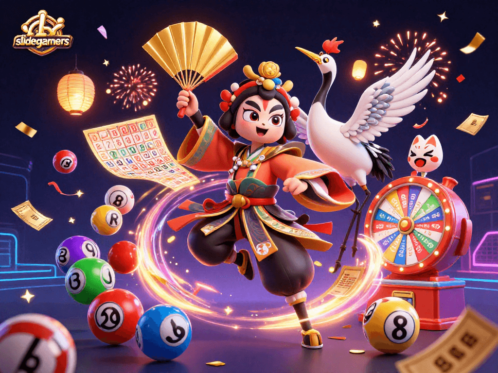 Engage in thrilling games at slidegamers with a 3D kabuki warrior and vibrant lottery elements.