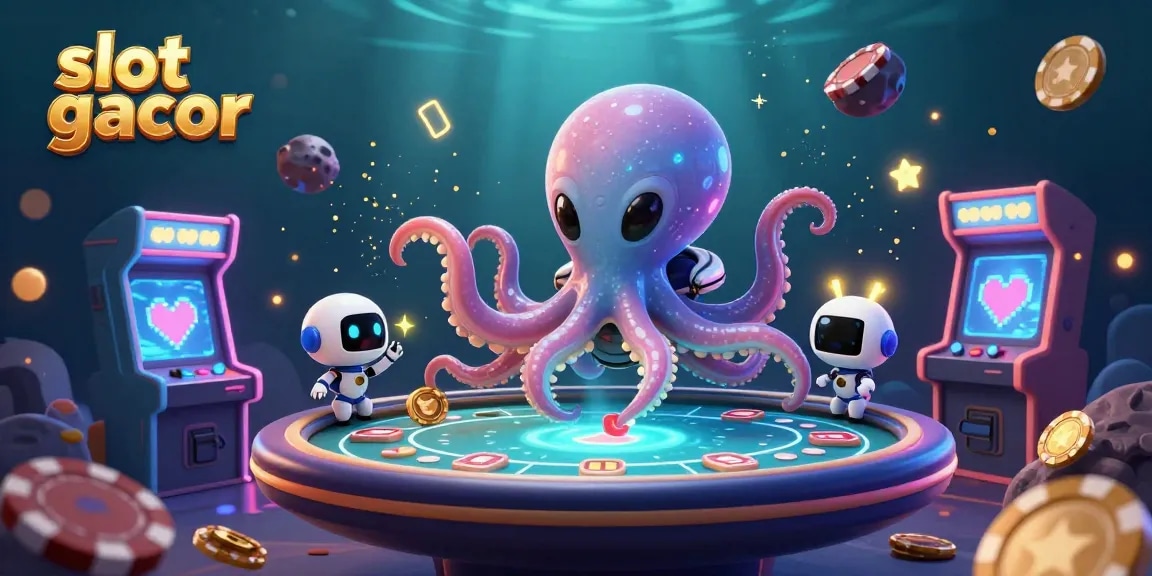 Engaging scene of the slot gacor alien octopus and robot playing poker with vibrant game elements.