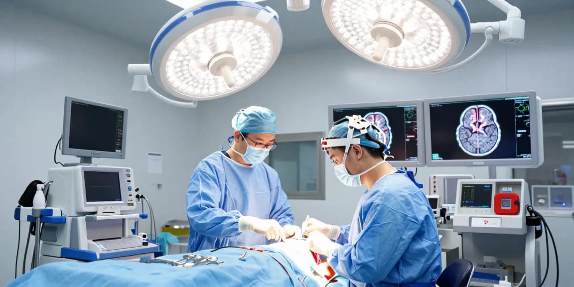 Brain surgery in progress with a neurosurgeon and team focused on the patient, showcasing advanced surgical equipment and real-time imaging - Beyin ameliyatı.