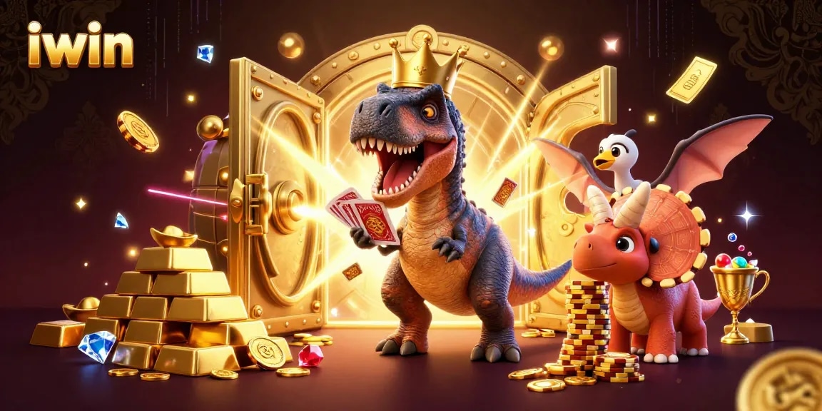iwin T-Rex playing cards in a dazzling 3D casino scene with treasure and jewels.
