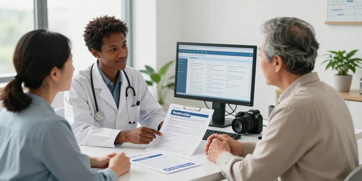 Compare retatrutide vendors in a modern medical consultation setting with healthcare professional conveying essential information to a patient.