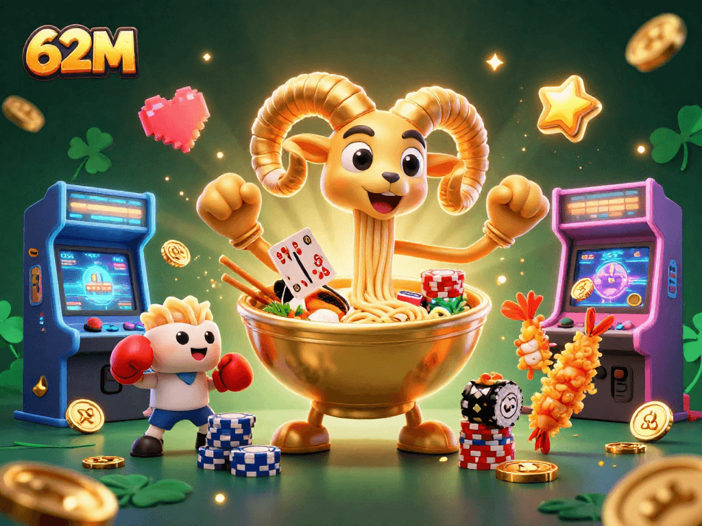Ilustração em 3D do 62M com personagens de cassino animados jogando cartas e empilhando fichas.