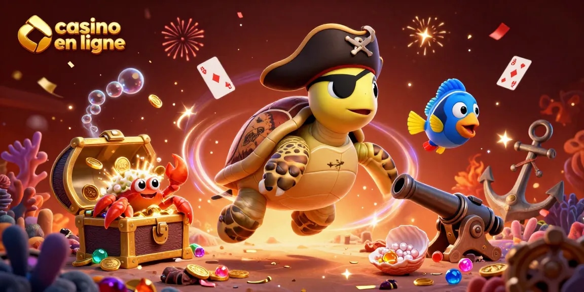 Plongez dans l'univers du casino en ligne avec cette illustration dynamique montrant une tortue pirate et des trésors sous-marins.