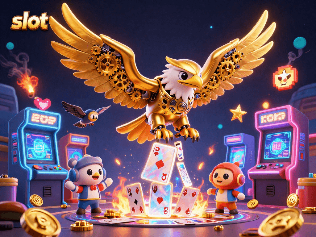 Slot yang menarik dengan elang cybernetik terbang melalui kartu holografik di kasino.