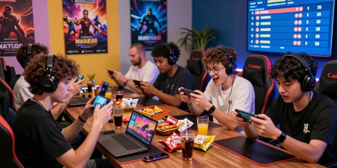 Mantra88 players engaging in online gaming competition on mobile devices showcasing an exciting atmosphere.