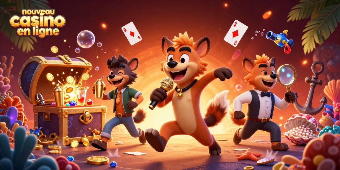 illustration d'un nouveau casino en ligne avec une hyène comique, des pièces et des cartes flottantes