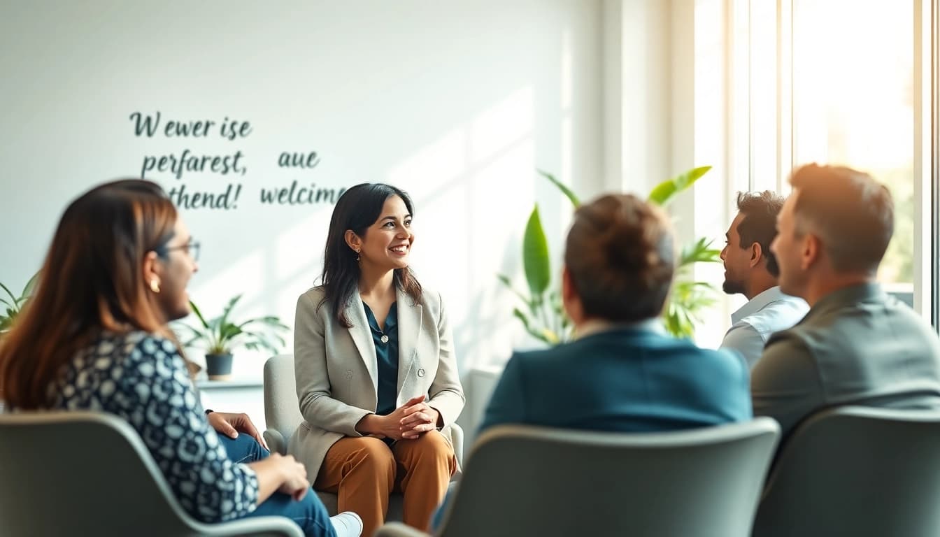 Engaging Career Coaching session with a diverse group in a modern office environment.