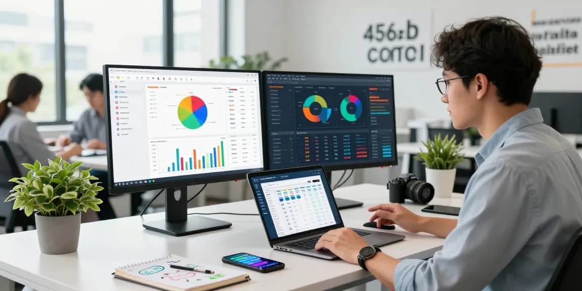 Marketing professional analyzing 456bd performance metrics in a vibrant workspace