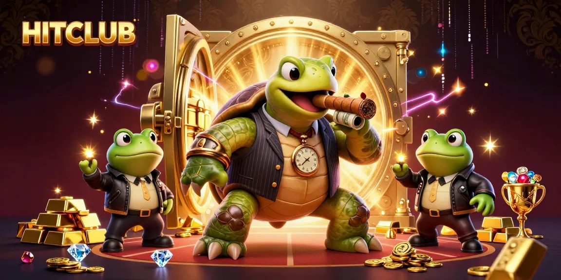 HITCLUB presents a vibrant 3D illustration with animated characters immersed in casino excitement and wealth.