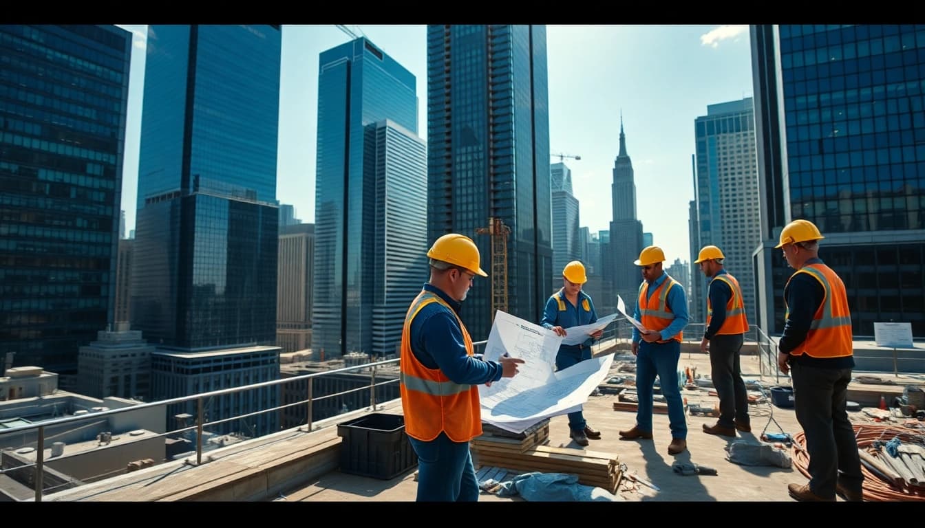 Dynamic scene of New York City Commercial General Contractor at work with a construction team on a high-rise project.