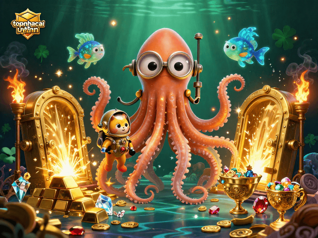 Experience the excitement of topnhacaiuytinn with a thrilling kraken and treasures in this dynamic scene.