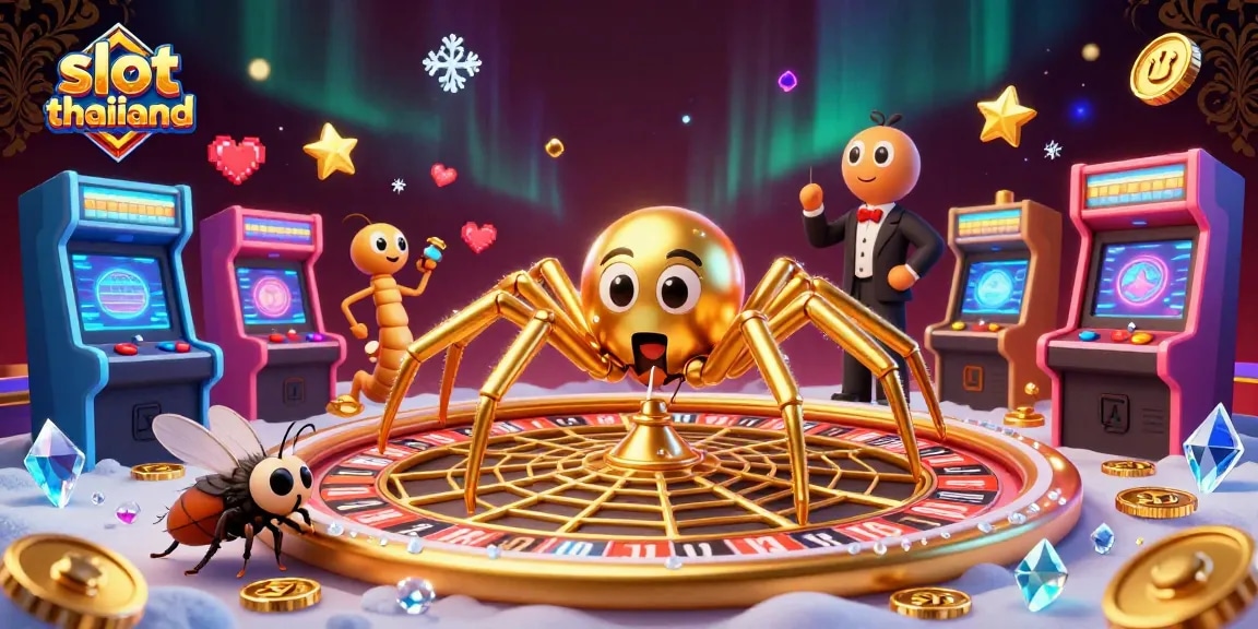 Experience top thrills at slot thailand with a golden spider crafting a roulette web amidst vibrant gambling elements.