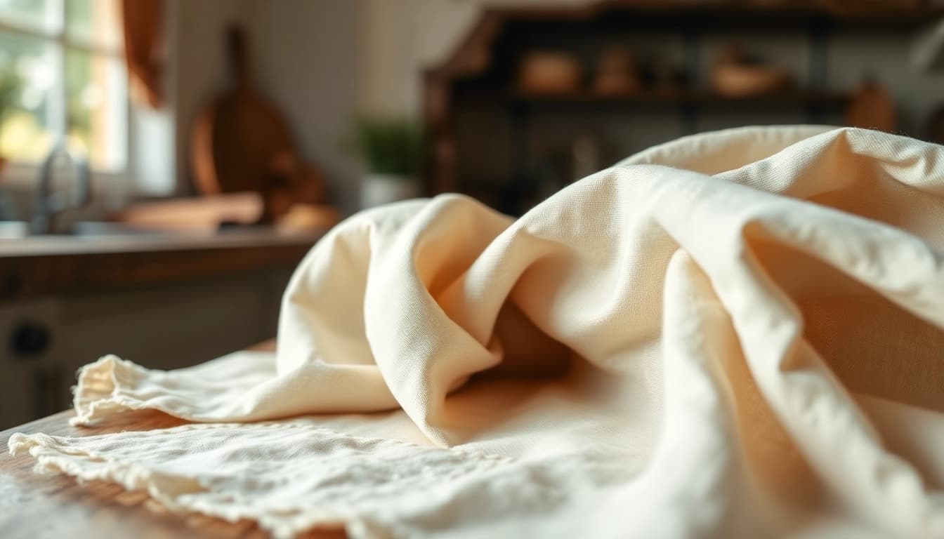 Kaasdoek fabric showcasing its smooth texture and natural color, ideal for kitchen use.