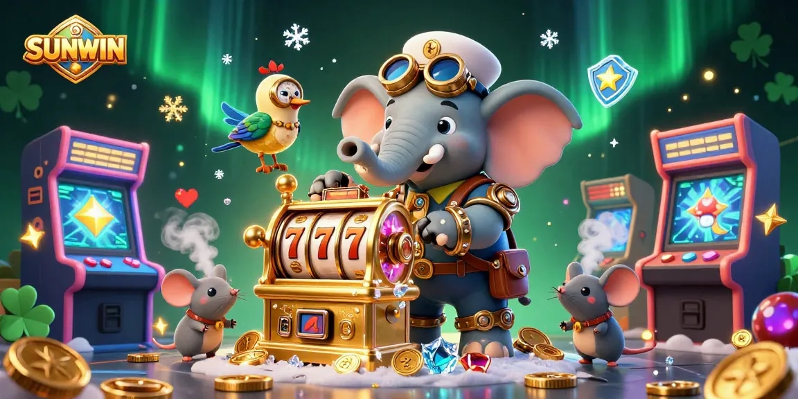 SUNWIN's steampunk-themed 3D casino illustration with slot machines, vibrant game elements, and energetic characters.