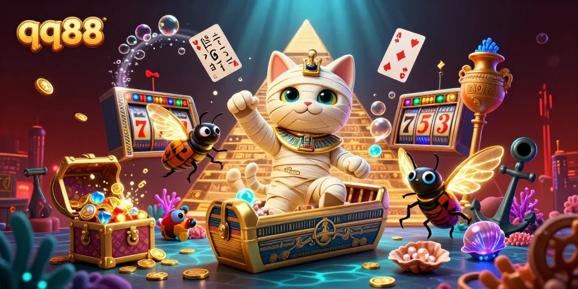 Experience thrilling casino action with qq88, featuring a mummy cat and scarab beetle in a pyramid.