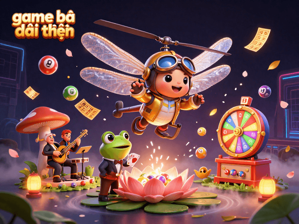 Engage in the thrilling game bài đổi thưởng as a dragonfly pilot hovers above a lily pad casino amidst vibrant game elements.