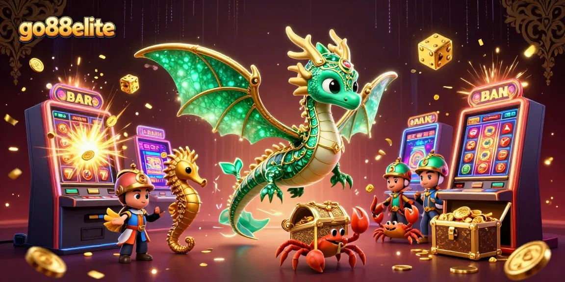 Experience the vibrant gaming world of go88elite, showcasing rich casino features with a floating emerald sea dragon.
