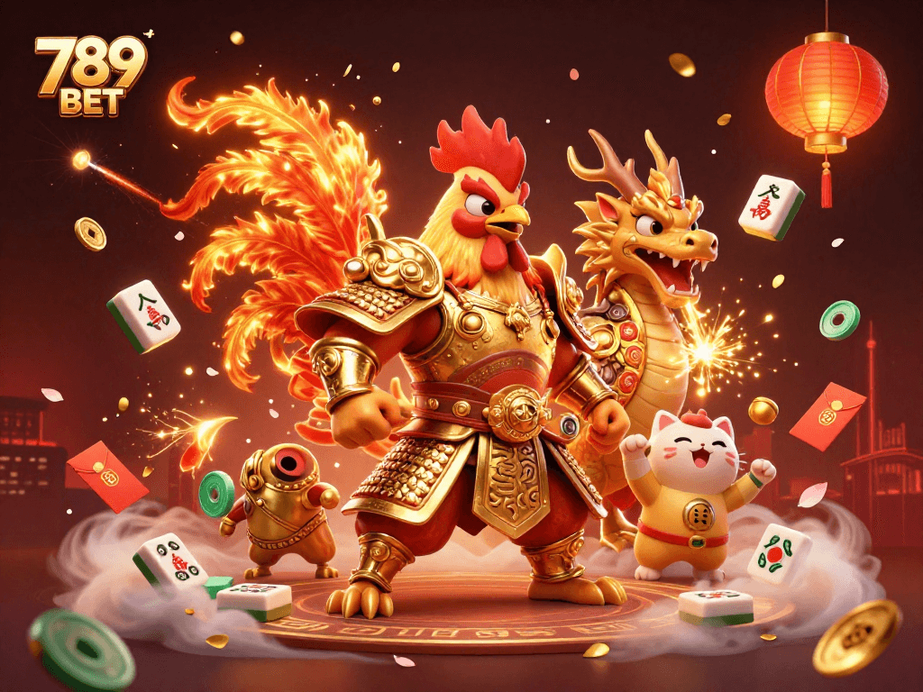 Experience thrilling action with 789 BET's dynamic rooster warrior and dragon mascot in a vibrant casino scene.