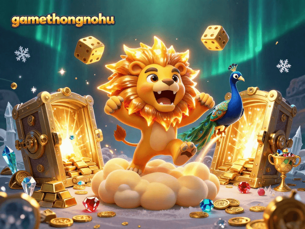 Experience the vibrant energy of gamethuongnohu with a roaring sun lion, golden treasures, and dynamic casino elements.