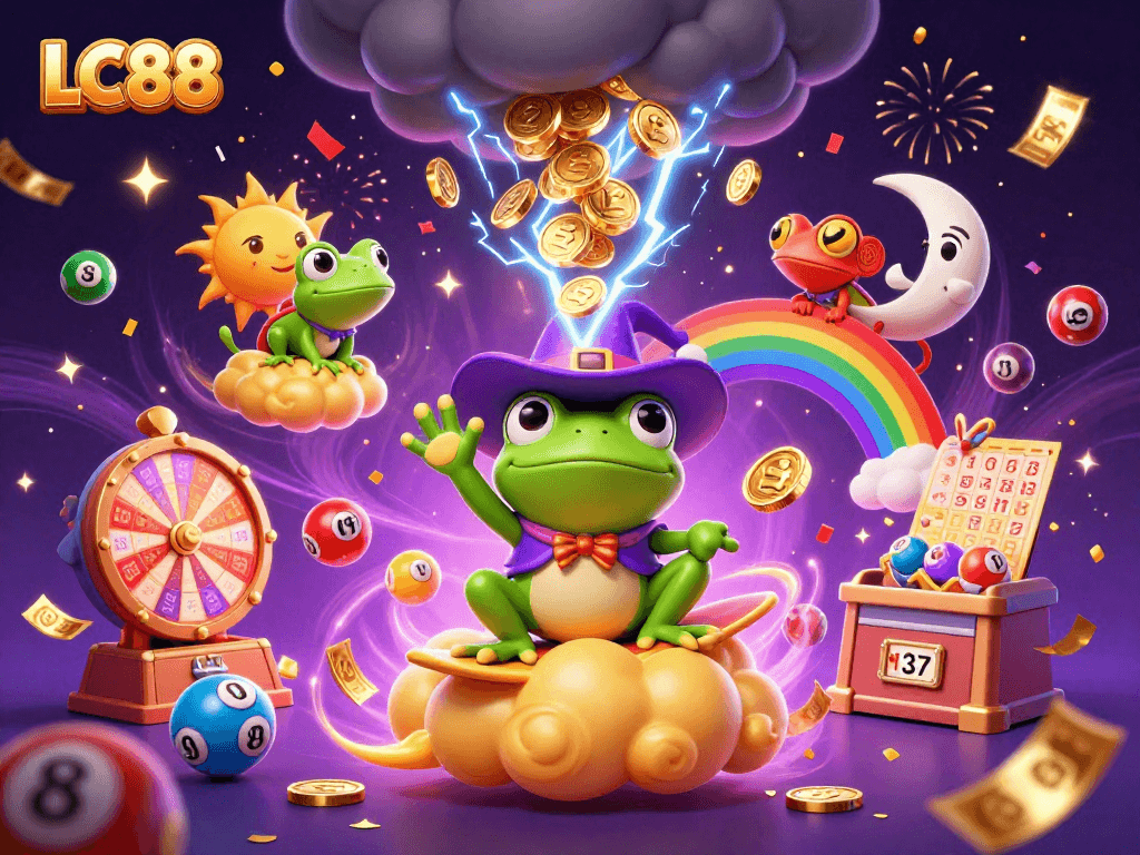 LC88 offers an exhilarating experience with a colorful lottery scene featuring vibrant characters and dynamic elements.