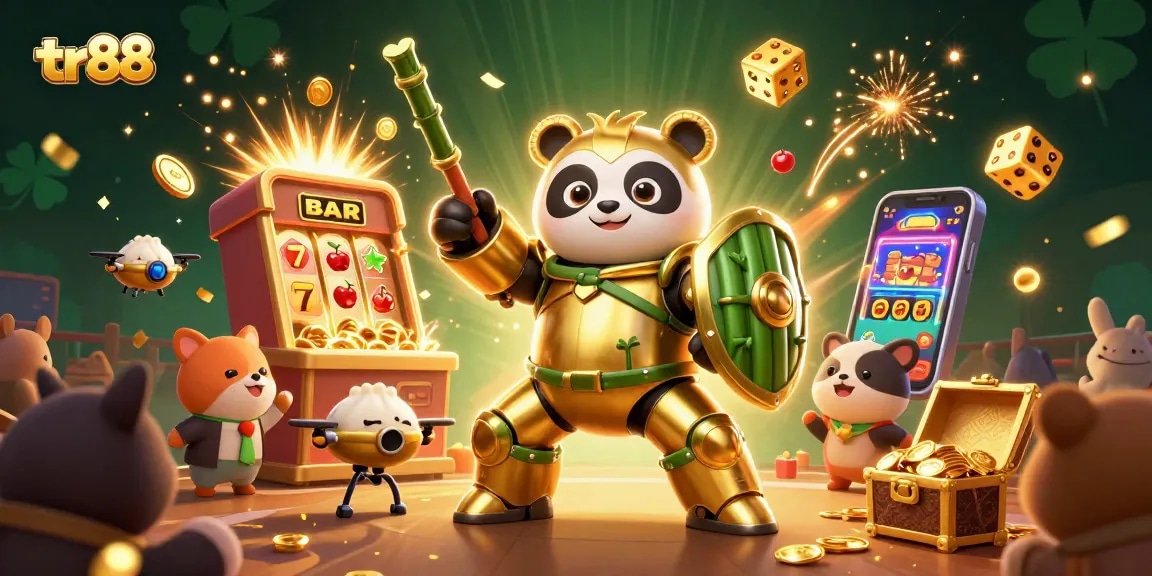 Experience the thrilling atmosphere of tr88 with a dynamic casino arena scene featuring a golden panda and jackpot excitement.