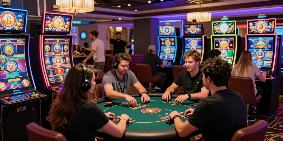 Experience a vibrant crypto casino with diverse players enjoying digital gaming and cryptocurrency excitement.