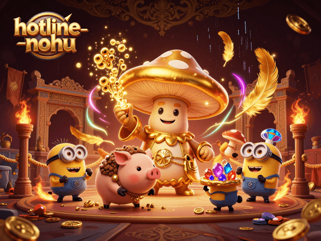 Experience the excitement of hotline-nohu with a magical wizard and treasure-seeking pig in a vibrant casino scene.