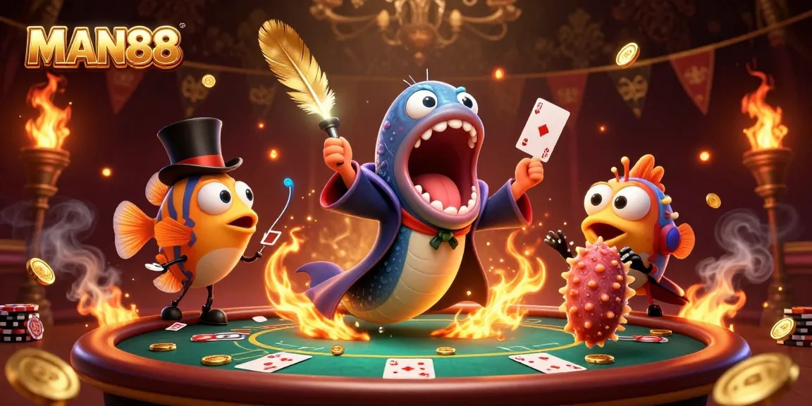 Experience thrilling card tricks by MAN88's magical characters in an engaging casino scene.