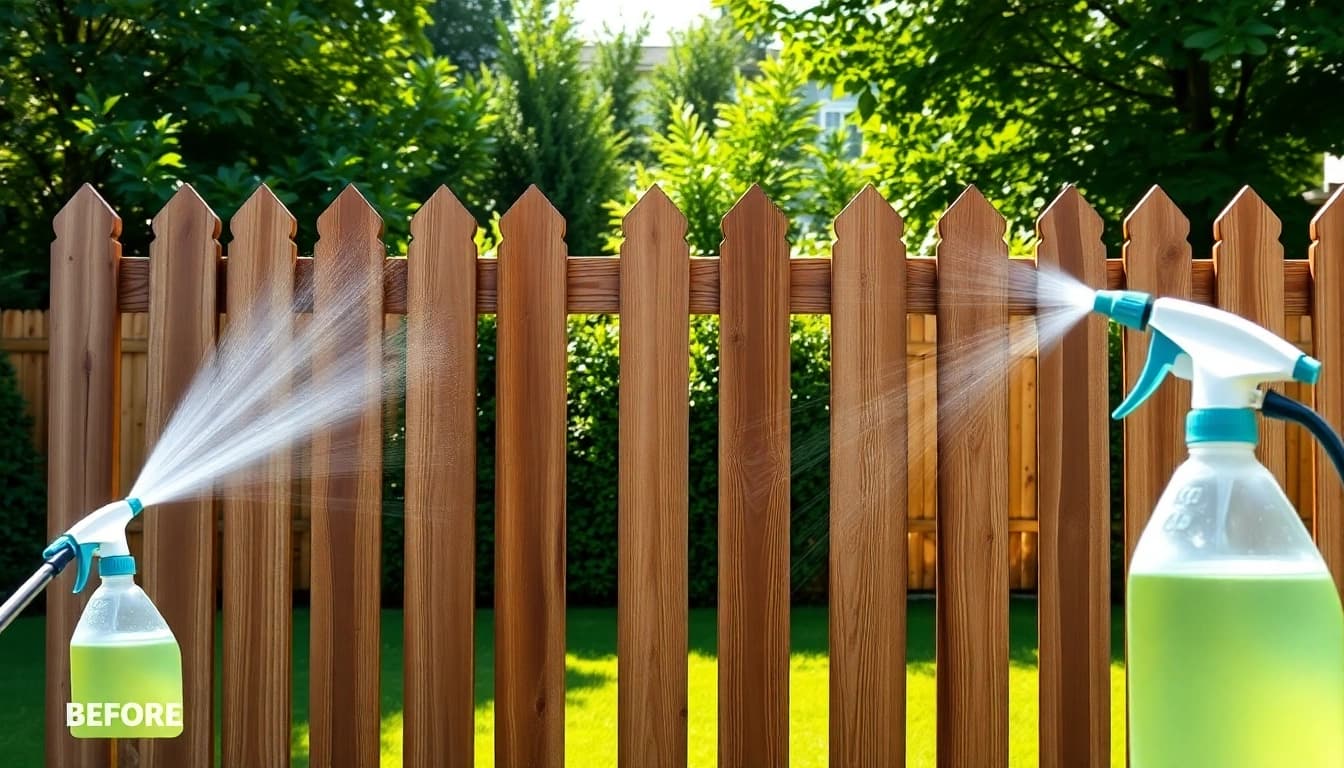 Efficient Fence Cleaning with a soft wash technique in a beautiful backyard.