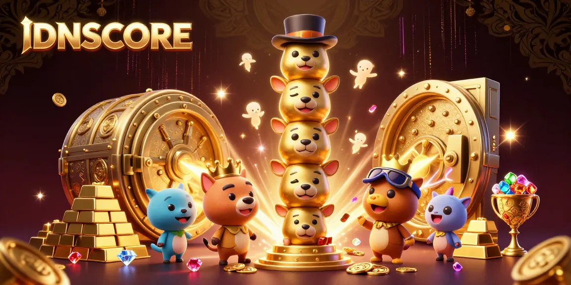 Engage with IDNSCORE in a vibrant 3D cartoon casino scene featuring golden treasures, lively animations, and exciting gaming elements.
