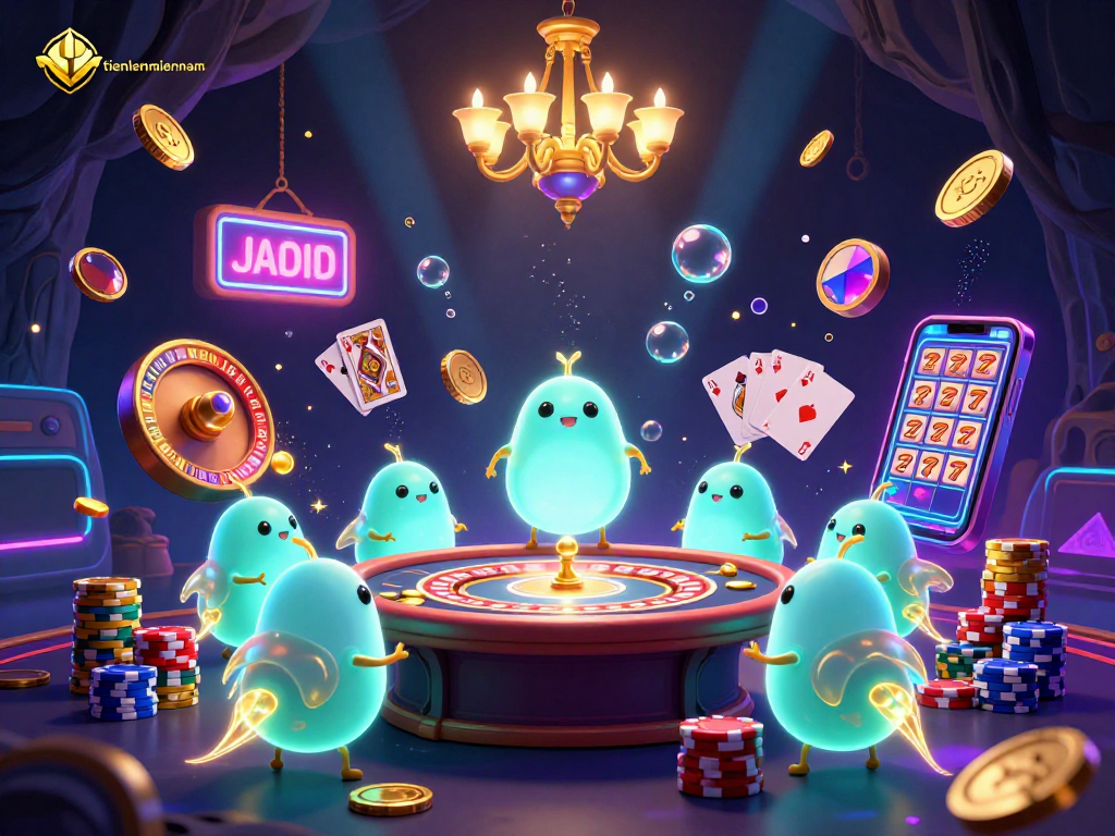 Tienlenmiennam attracts excitement in a vibrant cave casino illuminated by glowworms and a bat dealer, featuring playful golden coins.