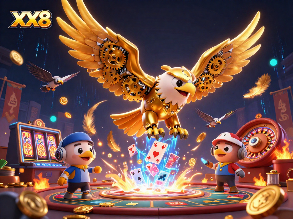 Experience the thrilling action of XX8 as a golden eagle dives through holographic cards and casino elements.