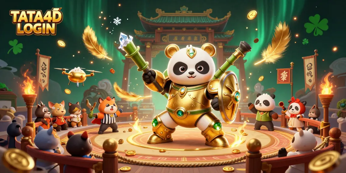 TATA4D LOGIN to experience a vibrant 3D casino scene with animated panda robot battling for big wins.